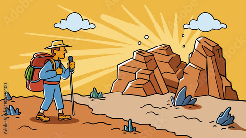 The lost hiker breathed a sigh of relief as he finally found the unmistakable rock formation that signaled the return trail. The sun glinted off the. Cartoon Vector.