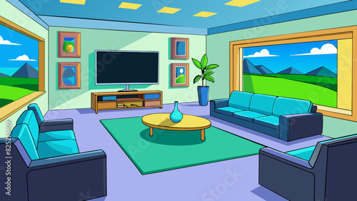 The living room was spacious and modern with sleek black leather couches and a large flatscreen TV mounted on the wall. A sleek glass coffee table sat. Cartoon Vector.