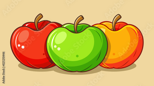 The majority of apples are round with a shiny and smooth skin. They come in various shades of red green or yellow and have a crisp juicy texture when. Cartoon Vector.