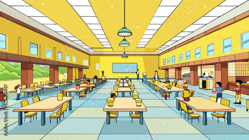 The main cafeteria in the high school is a large open space with a high ceiling and rows of long lunch tables. The walls are painted a bright yellow. Cartoon Vector.
