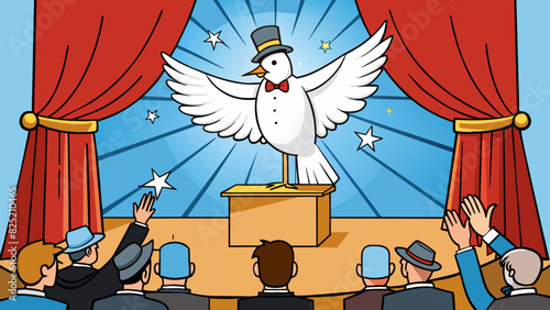 The magician makes a white dove appear out of thin air much to the amazement of the audience. The dove flaps its wings gracefully its white feathers. Cartoon Vector.