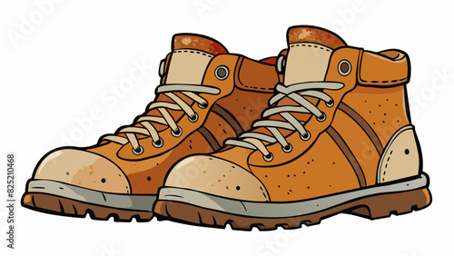 The mention was a pair of worn leather hiking boots with scuffed toes and sy soles ready to tackle any rugged terrain on a mountain adventure.. Cartoon Vector.