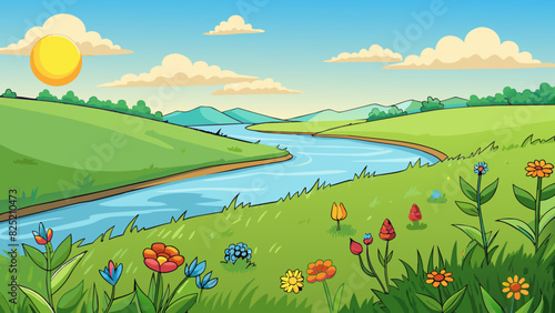 The meadow was lush and green with wide fields of wildflowers swaying gently in the breeze. In the distance a wide river glistened under the noon sun.. Cartoon Vector.