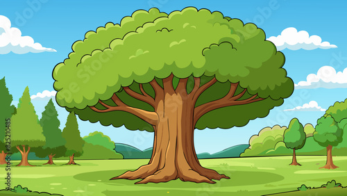 The massive tree in the park had a thick and gnarled trunk its branches spanning out in all directions and providing ample shade.. Cartoon Vector.