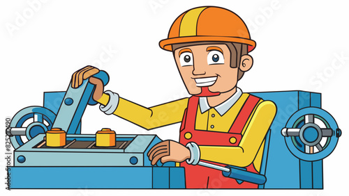The mechanic deftly maneuvered the heavy machinery his calloused hands expertly guiding the levers and controls with precision and ease.. Cartoon Vector.