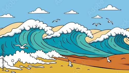 The ocean waves crashed against the shore often the salty air carrying the sound of seagulls and endless possibilities.. Cartoon Vector. photo