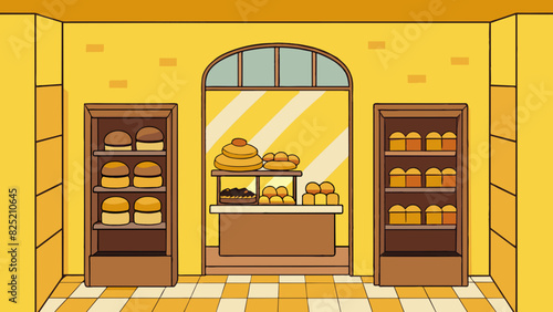 The mouthwatering aroma of freshly baked pastries wafted through the open doors inviting customers into the charming bakery with warm yellow walls and. Cartoon Vector.
