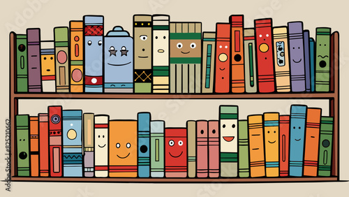 The old bookshelf was full of various titles each one telling a different story. The books were all arranged in neat rows relating to one another by. Cartoon Vector.