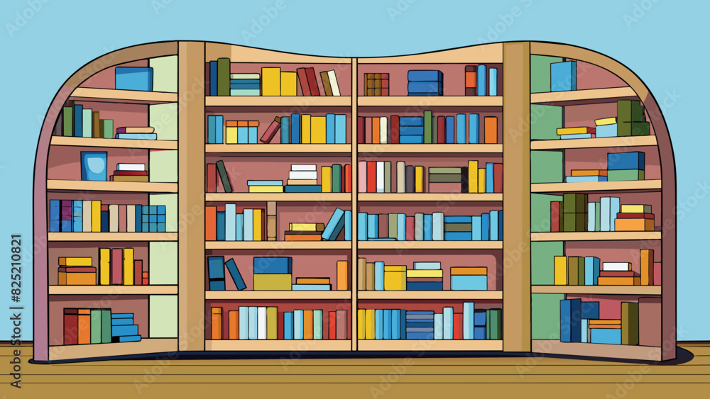 The oversized bookshelf dominated the room with its sy wooden shelves filled to the brim with books of all shapes and sizes.. Cartoon Vector.