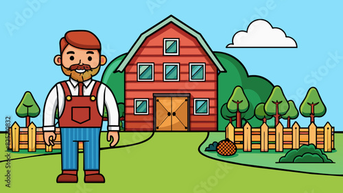 The owner of the rustic farm had a downtoearth and hardworking nature. The property featured a sy red barn rolling green pastures and a simple. Cartoon Vector.