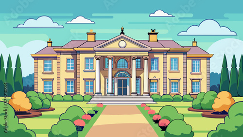 The owner of the elegant mansion was a wealthy and refined individual. The grand home boasted tall pillars intricate detailing and sprawling gardens. Cartoon Vector.