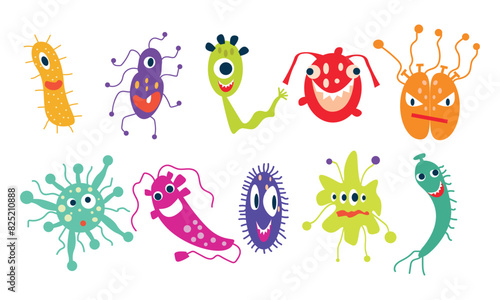 Cartoon microbes and viruses. Germs characters with funny faces  bacteria and disease viruses mascots. Pathogen microorganism vector illustration set
