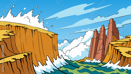The roaring waves crashed against the jagged cliffs reaching high into the air with each forceful impact.. Cartoon Vector.