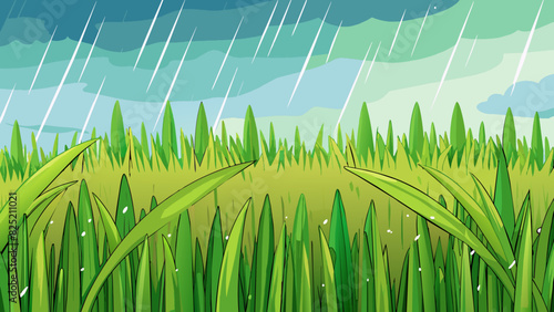 The rich earthy smell of freshly grass the blades standing tall and proud after a refreshing rainfall.. Cartoon Vector.
