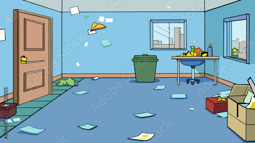 The room was impeccably clean and organized except for the pile of cled papers in the wastebasket that had clearly missed their mark.. Cartoon Vector.