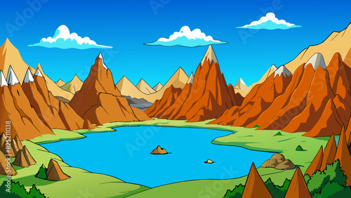 The rugged mountains jutted up into the horizon their once lush forests now barren and the crystal clear lakes below reflecting the vibrant blue sky. Cartoon Vector.