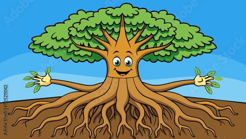 The roots of the old tree were sure providing stability and nourishment for its strong sy trunk.. Cartoon Vector.