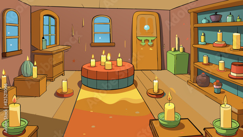 The room was filled with the sweet and cozy scent of already lit candles giving off a warm and inviting atmosphere.. Cartoon Vector.
