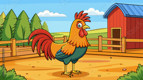 The rooster in the farmyard was a majestic creature with its large imposing frame and vibrant plumage. Its powerful crow could be heard from miles. Cartoon Vector.