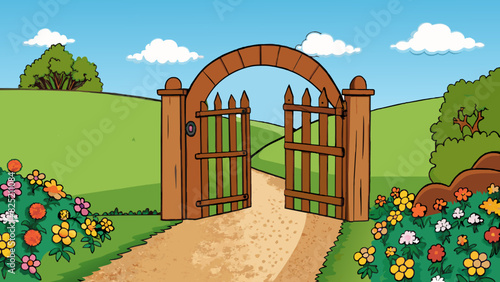 The rusty gate creaked as it slowly swung open revealing a narrow pathway lined with colorful flowers and leading up to a quaint little cottage. Cartoon Vector. photo