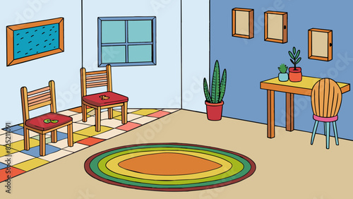 The room was furnished simply with a basic wooden table and chairs and white walls. The only decoration was a colorful woven rug and a single potted. Cartoon Vector.