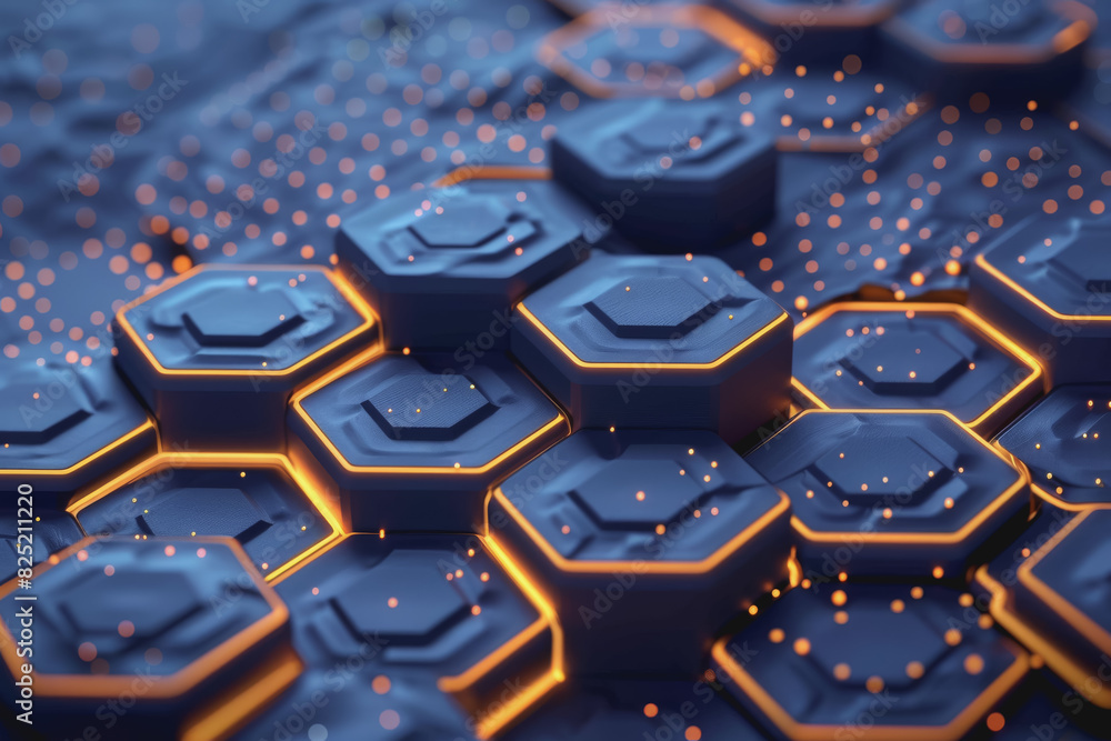 Abstract background of blue and white and a golden honeycomb symbol with a neon graphics background. Abstract background of blue and white and a golden honeycomb symbol with a neon graphics background.