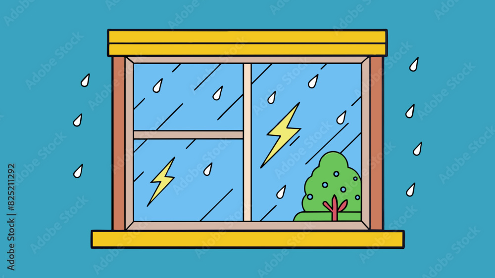 The sound of gentle rain tapping against a window accompanied by the distant rumble of thunder creates a sense of relaxation and coziness.. Cartoon Vector.