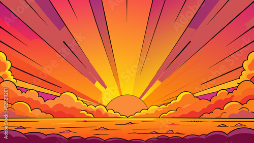 The sight of a blazing sunset with its vibrant hues of pink purple and orange bursting across the sky elicits a sense of awe and wonder at the beauty. Cartoon Vector.