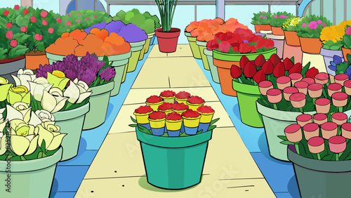 The shop was a bustling flower market with rows of buckets filled with vibrant blooms and greenery. The fragrant scents of roses lilies and other. Cartoon Vector.