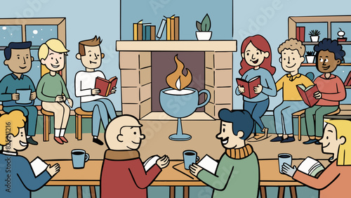 The small cafe was abuzz with the sound of clinking cups and voices drifting through the air. Around the cozy fireplace a group of neighbors gathered. Cartoon Vector.