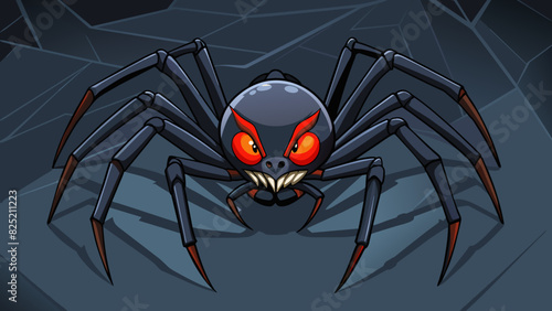 The sleek and deadly black widow spider with its venomous fangs was lurking in the shadows patiently waiting to strike and kill its unsuspecting prey.. Cartoon Vector.