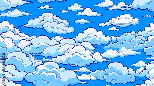 The sky was filled with fluffy white clouds slowly drifting across the bright blue canvas creating everchanging shapes and patterns.. Cartoon Vector.