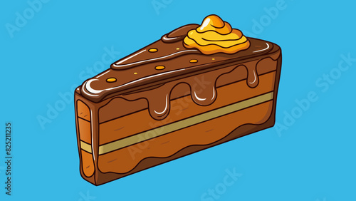 The slice of chocolate cake was extra decadent with a thick layer of gooey fudge between the moist layers and a generous drizzle of caramel on top.. Cartoon Vector.