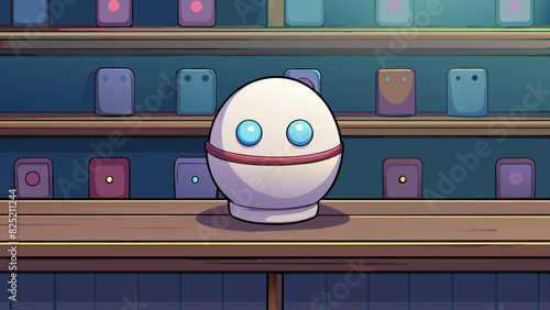 The small round object sat innocuously on the shelf its smooth white surface almost glowing in the dimly lit room. Tiny buttons adorned its front. Cartoon Vector.