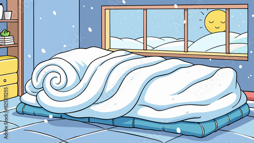 The soft fluffy blankets on the bed will be tempting to stay nestled under as the chilly air outside promises a cozy day indoors.. Cartoon Vector.
