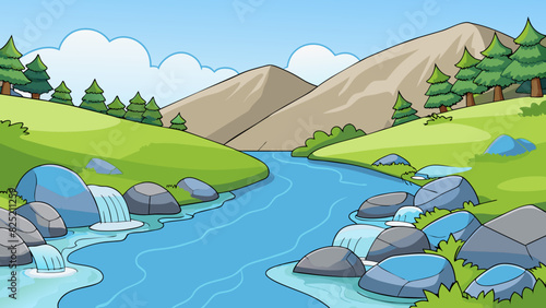 The soothing sound of a babbling brook its crystal clear water dancing over smooth stones as it makes its way down the mountainside.. Cartoon Vector.