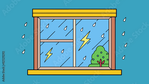 The sound of gentle rain tapping against a window accompanied by the distant rumble of thunder creates a sense of relaxation and coziness.. Cartoon Vector.