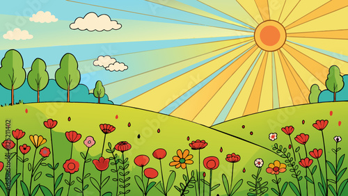 The suns rays spreading across a field of wildflowers a kind light that nurtures and sustains life.. Cartoon Vector.