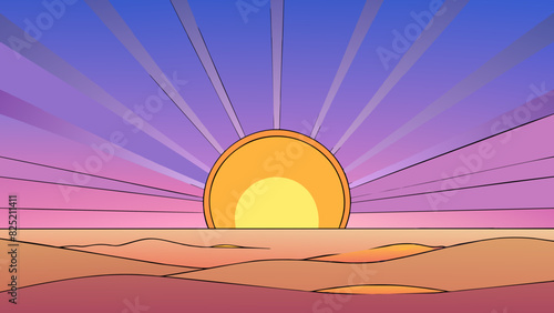 The sun rising over the horizon spreading its warm glow across the land. The colors of the sky gradually change from dark purples and blues to a soft. Cartoon Vector.