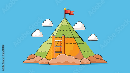 The third goal is a mountain peak reaching high into the clouds. Its rugged terrain presents a challenging but rewarding climb. At the top there is a. Cartoon Vector.