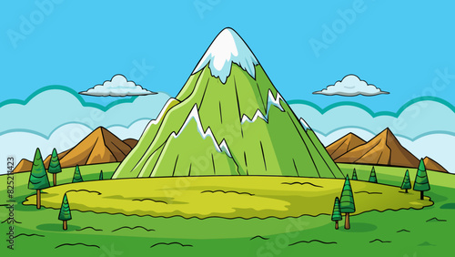 The tall formidable mountain peak surrounded by rolling green hills is a certain fixture in its landscape unwavering in its presence and unchanging. Cartoon Vector.