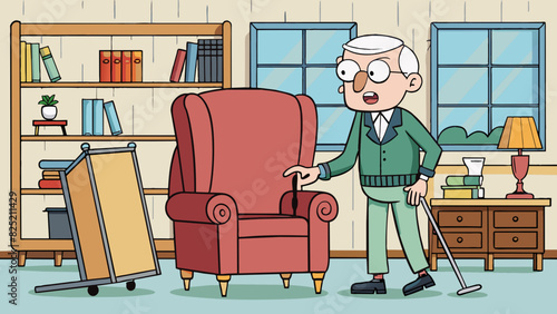 The third customer is an elderly man with a cane slowly making his way through a furniture store. Hes looking for a comfortable recliner and takes his. Cartoon Vector.
