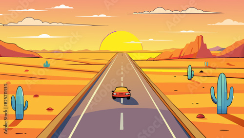 The sun was setting over the vast desert landscape casting a warm glow on the empty road ahead. The only sound was the gentle hum of the car engine as. Cartoon Vector.