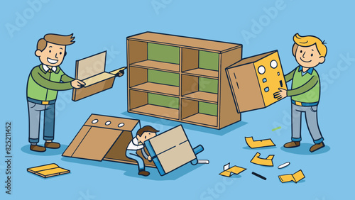 The task of assembling the cardboard furniture was more difficult than anticipated as the instructions were poorly written and the flimsy material. Cartoon Vector.