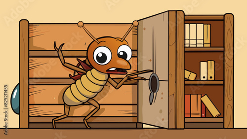 The termites powerful mandibles allowed it to easily make a hit on the wooden bookshelf leaving behind small but noticeable holes in the wood.. Cartoon Vector.