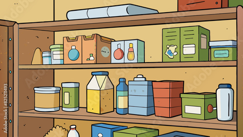 The top shelf of the pantry tends to collect boxes and bottles that have long expired with dust accumulating on their neglected surfaces.. Cartoon Vector.