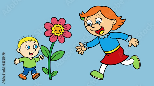 The toddler giggled and ran quickly towards his mother eager to show her the colorful flower he had picked.. Cartoon Vector.