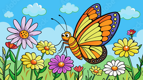 The vibrant colors of a butterflys wings as it flutters gracefully through a field of wildflowers sipping nectar from each delicate bloom.. Cartoon Vector.