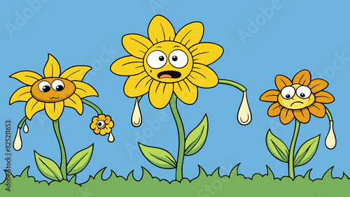 The wilted flowers were a result of lack of water their once vibrant petals now drooping with dryness and wilting at the edges.. Cartoon Vector.