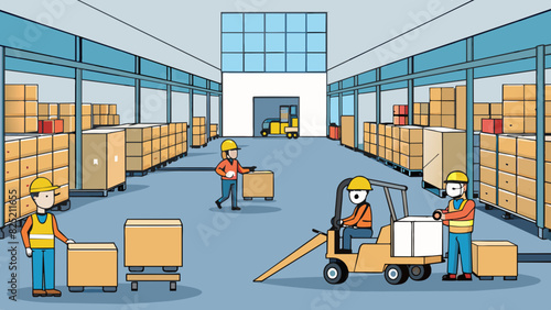 The warehouse department has high ceilings and industrial lighting with rows of tall shelves and forklifts buzzing back and forth. Large crates and. Cartoon Vector.
